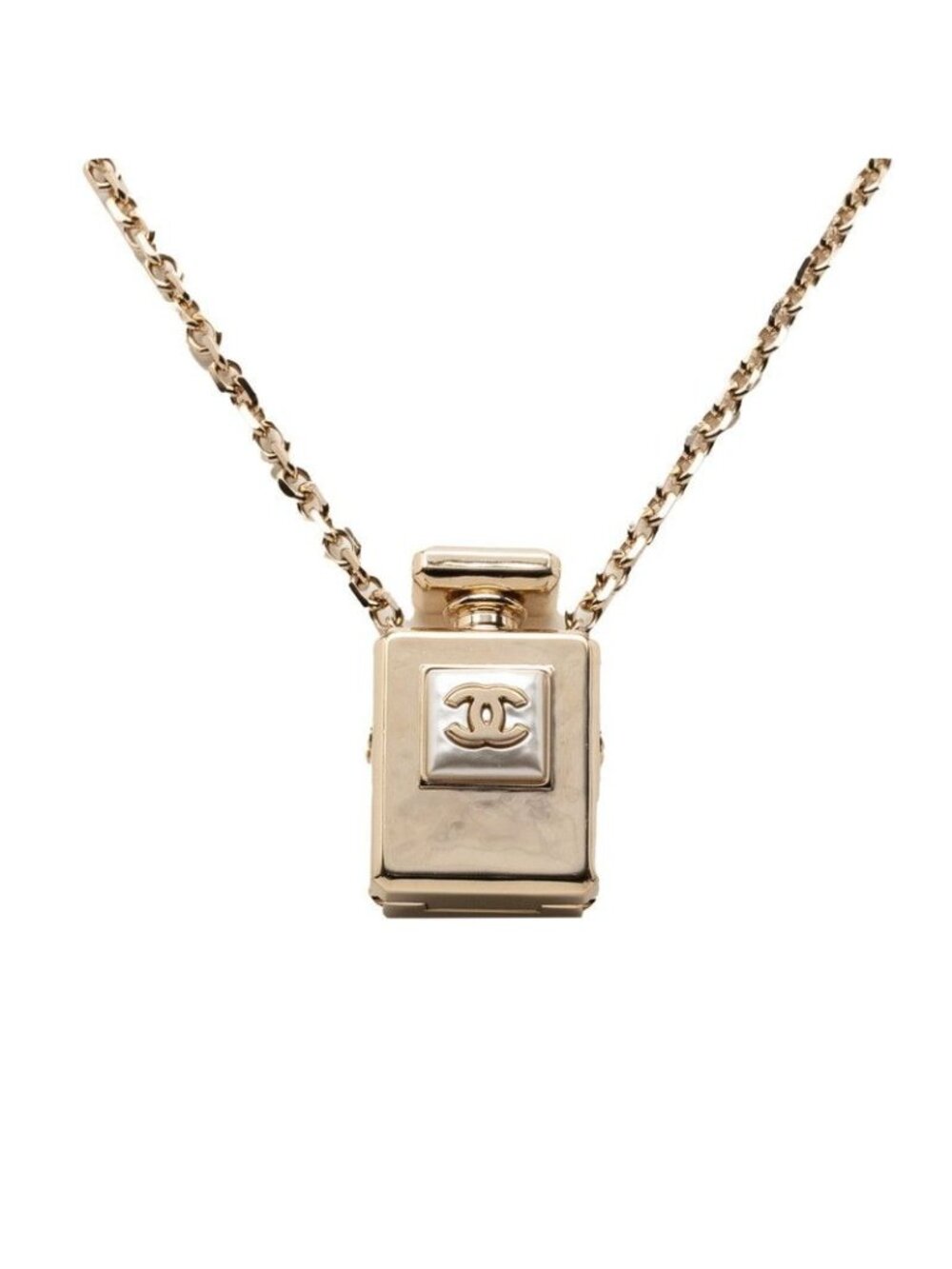 Chanel CC Logo Perfume Bottle Chain Pendant Necklace Gold Plated Faux Pearl